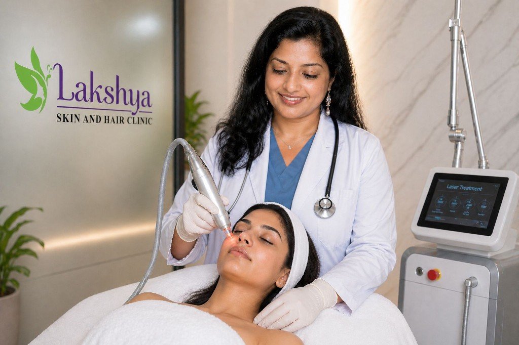 Dr. M. Sudha performing a laser skin treatment on a patient at Lakshya Skin and Hair Clinic