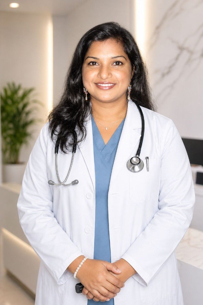 Dr. M. Sudha in a white lab coat, smiling, with stethoscope, in a bright modern clinic